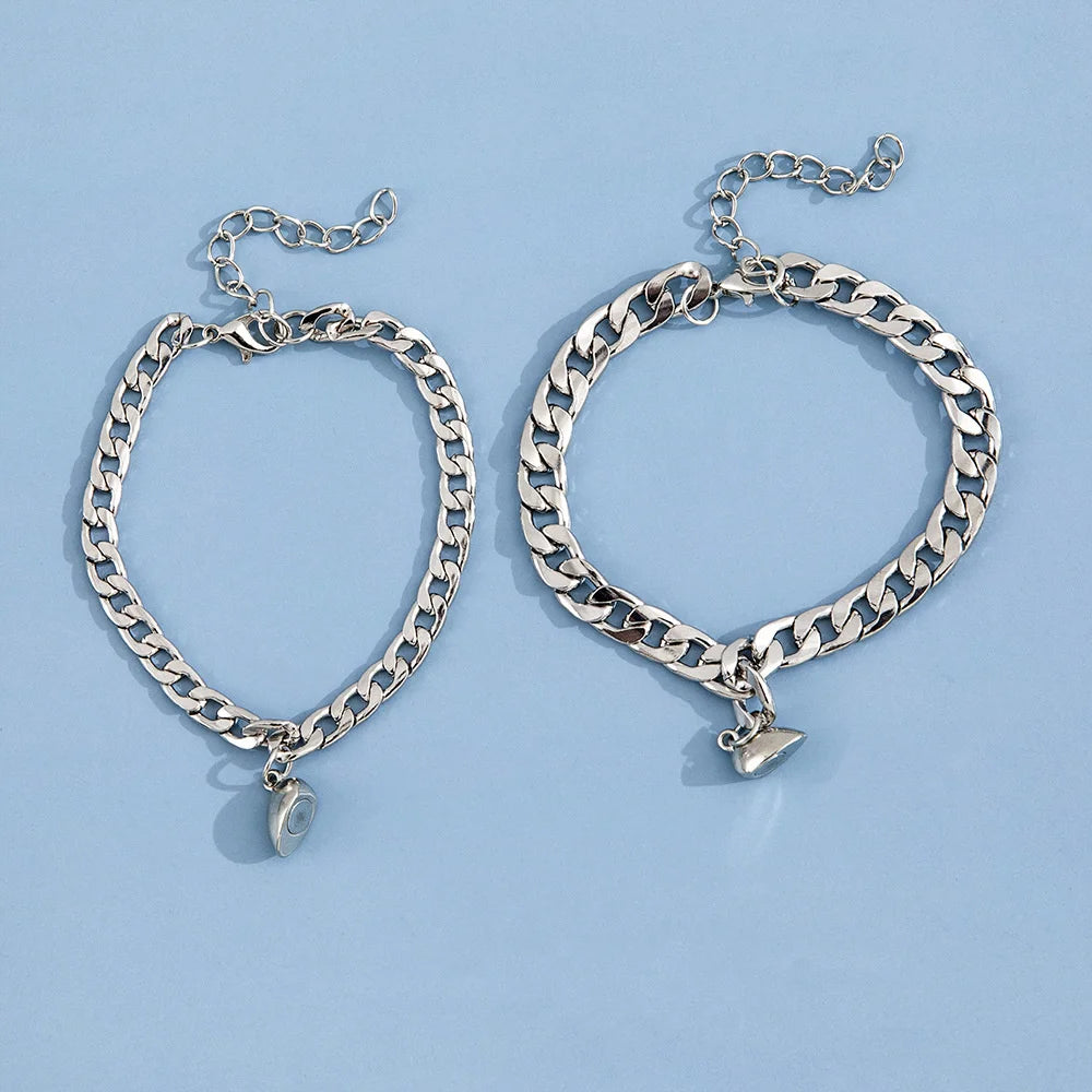 Stainless Steel Couple Bracelet Simple and Fashionable Heart-Shaped Magnet Attractive Men'S and Women'S Hand Jewelry Set